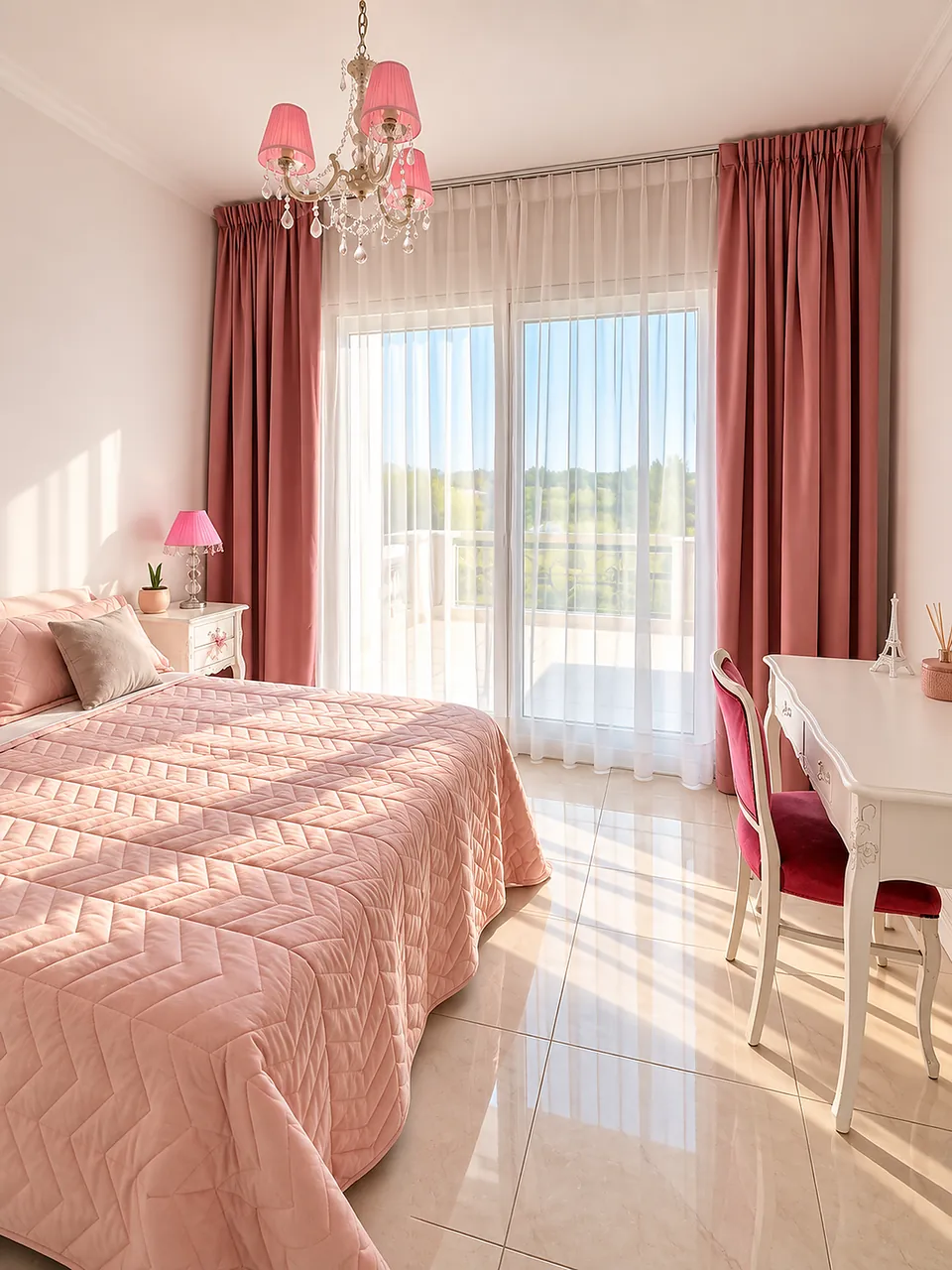Dormitorio con doble cortinado: tela rosa oscuro por delante y tela liviana blanca detrás