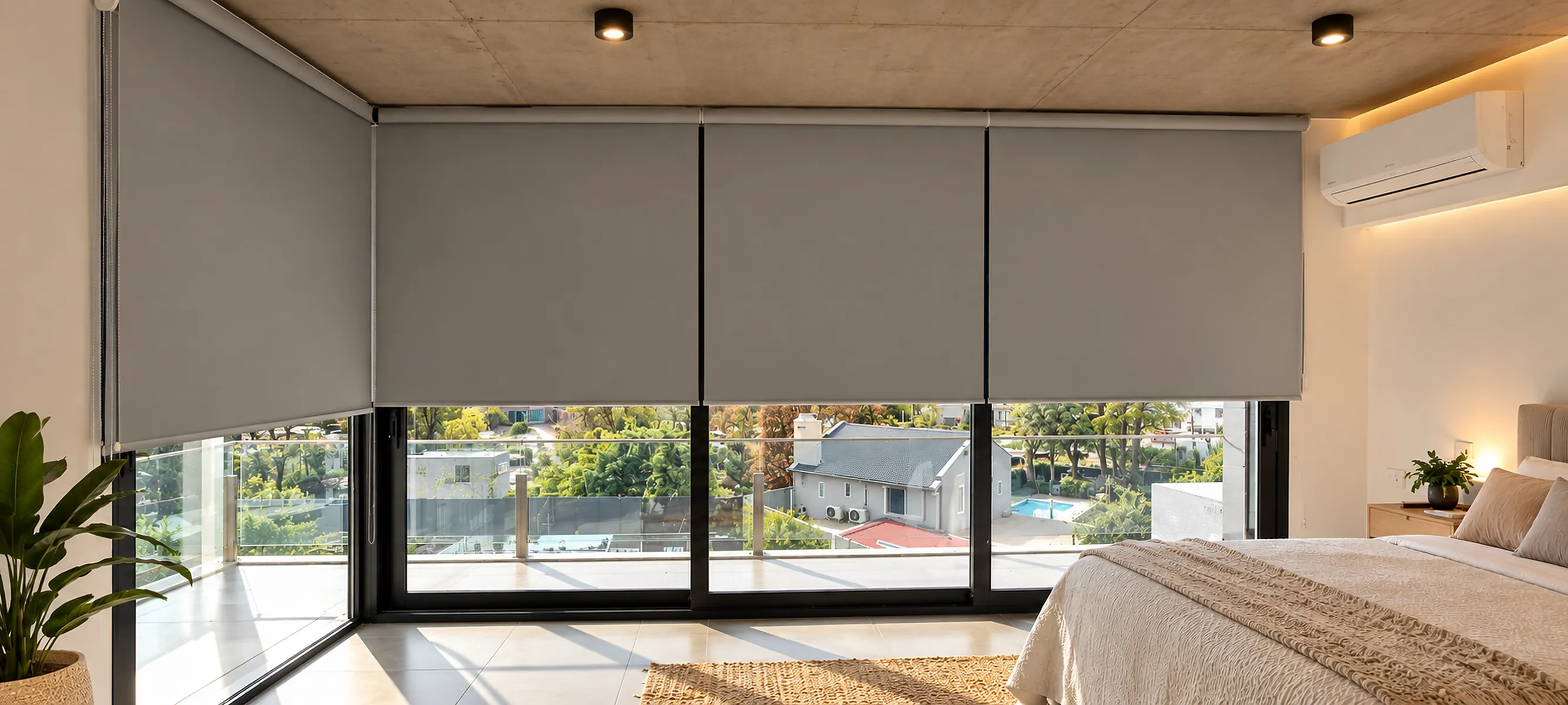 Dormitorio con cortinas roller blackout grises a media altura sobre un ventanal