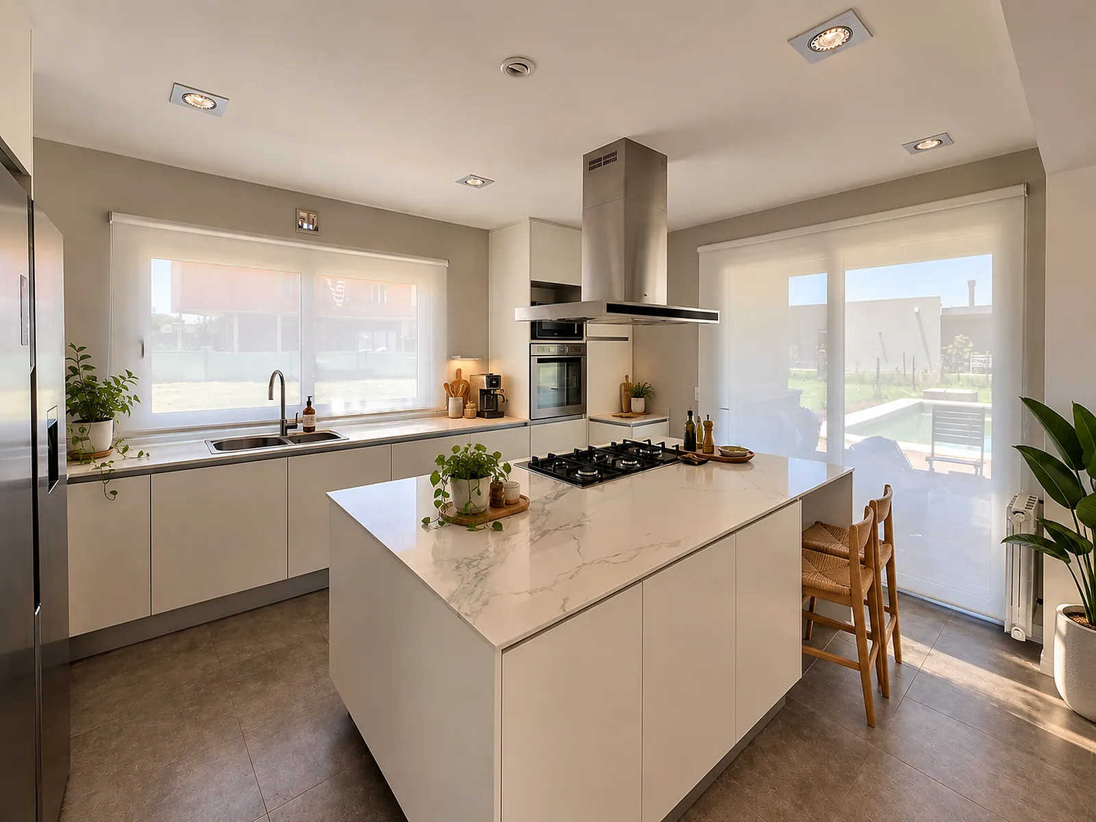 Cocina con cortinas roller sun screen en las ventanas