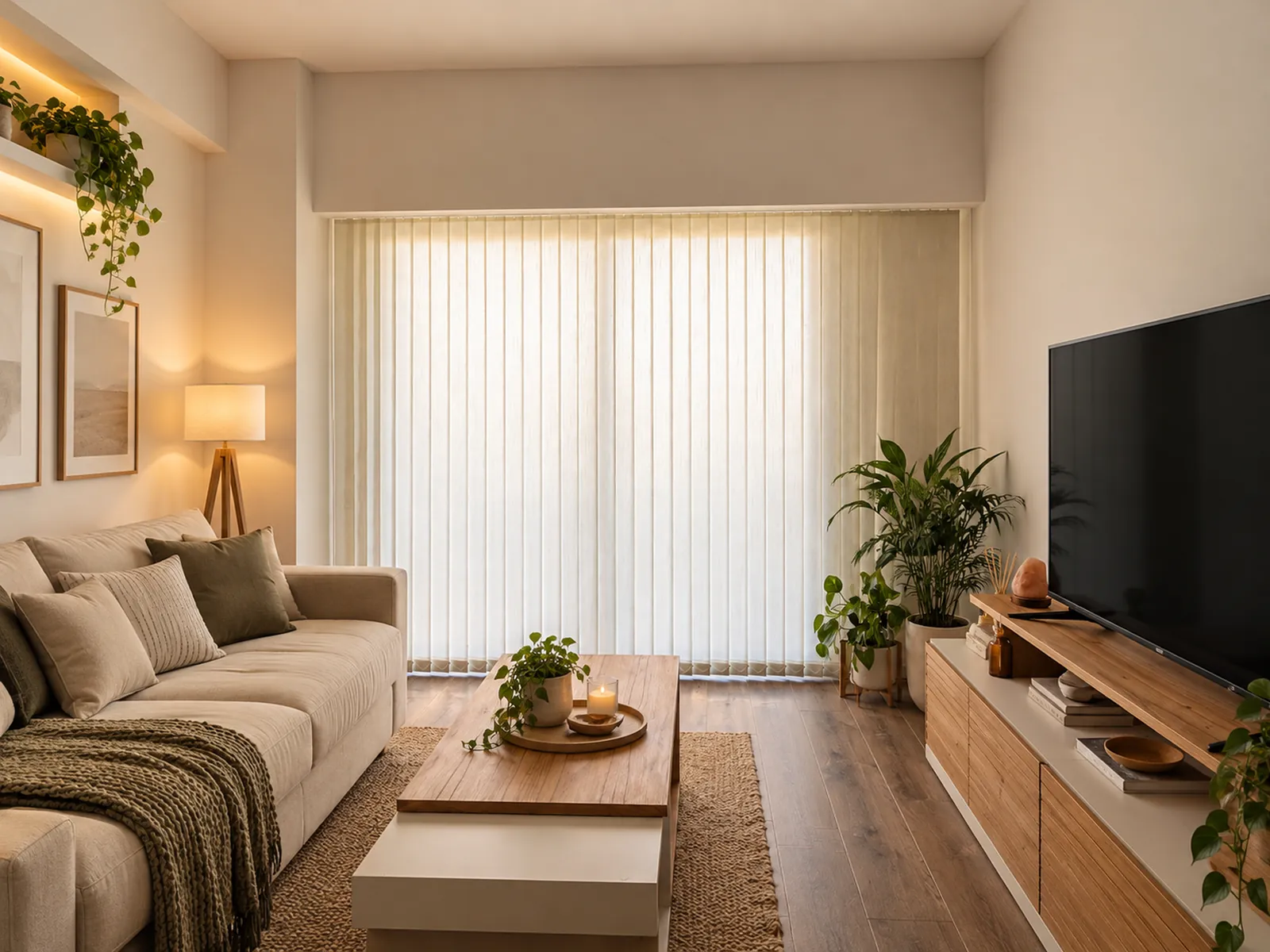 Living con cortinas de bandas verticales cerradas